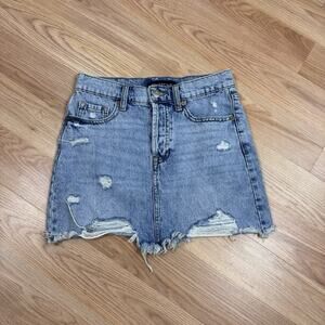 Aeropostale Jean Skirt Destroyed High Rise Size 0 Mini Denim Button Front Light
